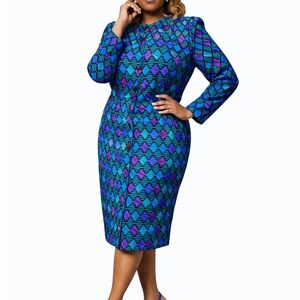 Vintage Blue & Purple Geometric Long-Sleeve Button Front Silk Midi Dress 10-12